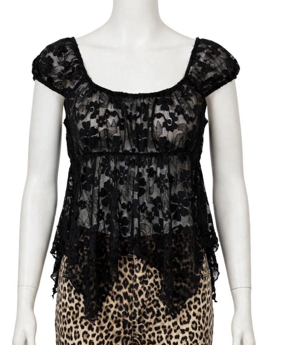 Y2K Floral Lace Babydoll Top Sz M Sheer Coquette Fairy Whimsigoth Milkmaid Hanky